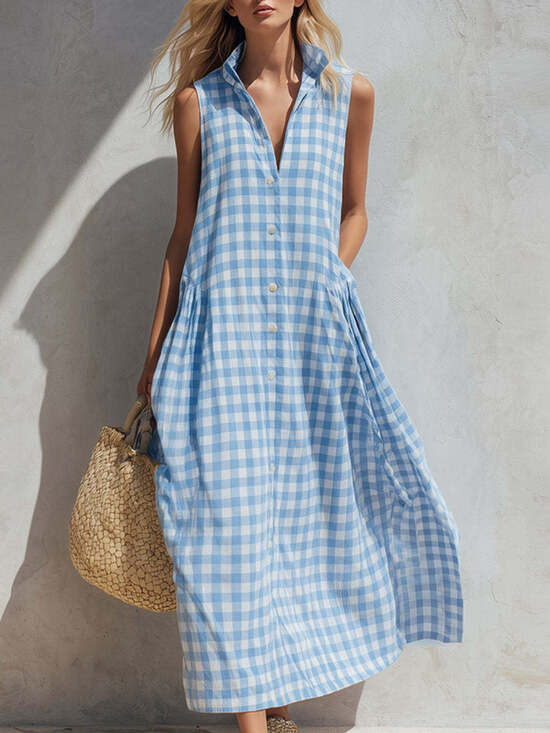 None Dresses & Skirts - Women's Light Blue Gingham Collared Sleeveless Relaxed Maxi Dress